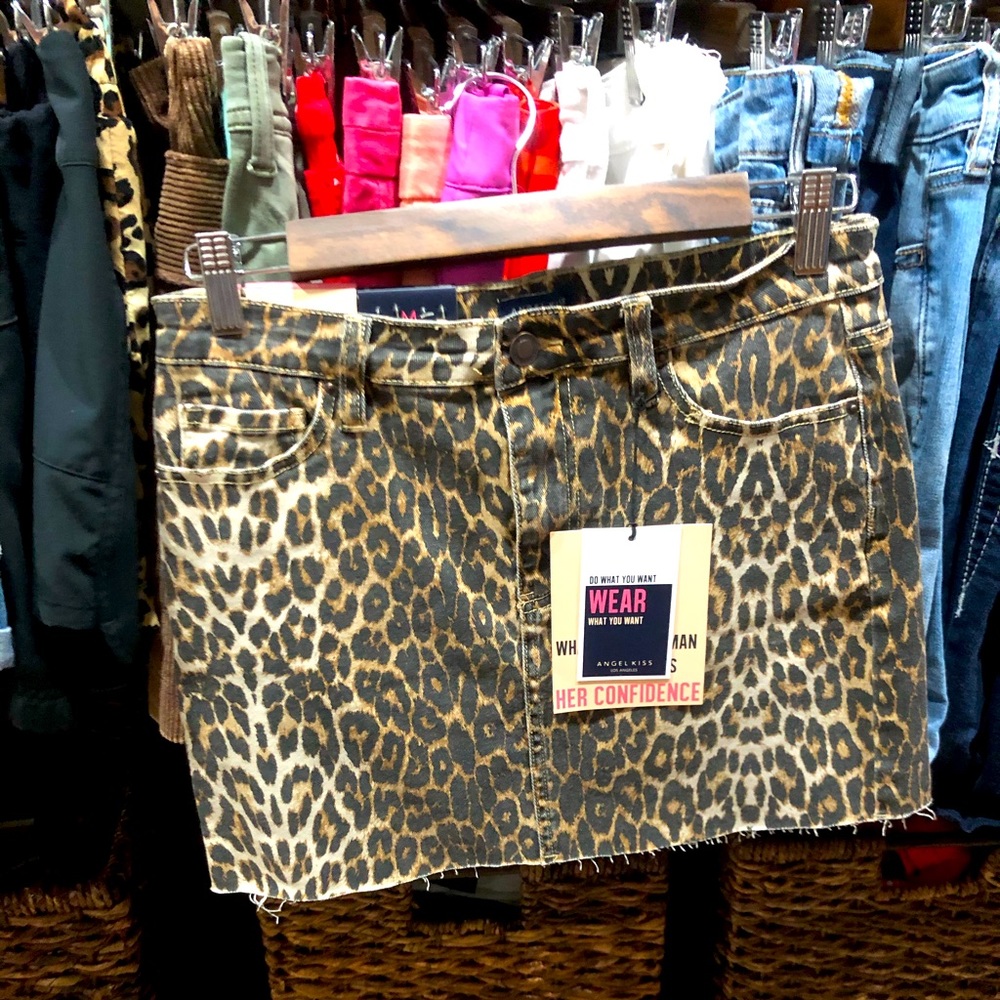 Angel Kiss Leopard Cheetah Raw Edge Denim Skirt